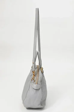 Grey vitello leather convertible top handle satchel with detachable shoulder strap