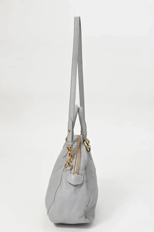 Grey vitello leather convertible top handle satchel with detachable shoulder strap