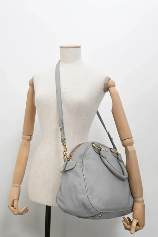 Grey vitello leather convertible top handle satchel with detachable shoulder strap