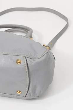 Grey vitello leather convertible top handle satchel with detachable shoulder strap