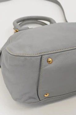 Grey vitello leather convertible top handle satchel with detachable shoulder strap