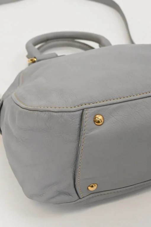 Grey vitello leather convertible top handle satchel with detachable shoulder strap