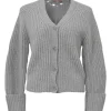 Grey wool jersey knit raglan sleeve button-front cardigan with turn-up cuffs