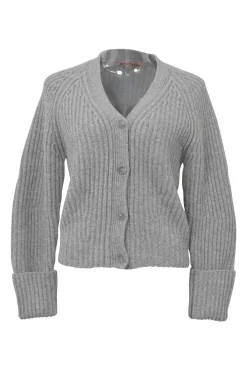 Grey wool jersey knit raglan sleeve button-front cardigan with turn-up cuffs