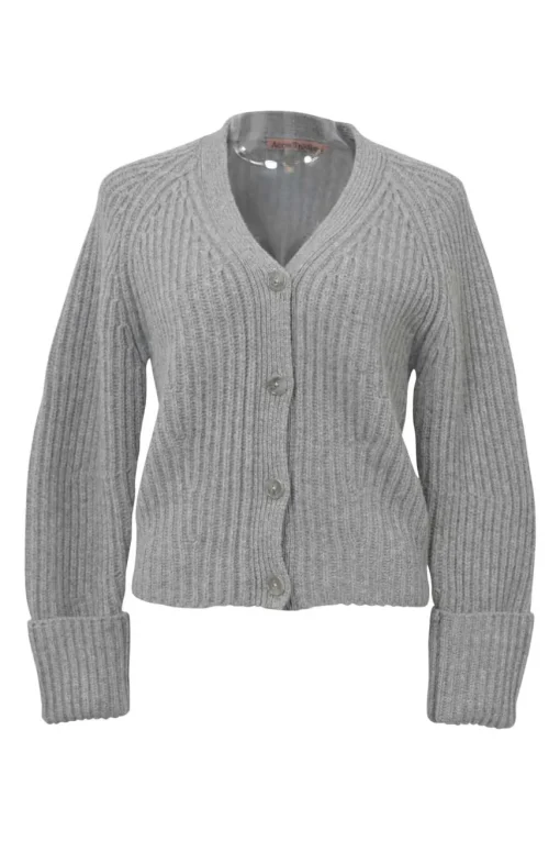 Grey wool jersey knit raglan sleeve button-front cardigan with turn-up cuffs