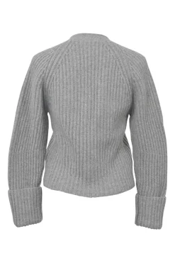 Grey wool jersey knit raglan sleeve button-front cardigan with turn-up cuffs