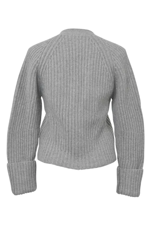 Grey wool jersey knit raglan sleeve button-front cardigan with turn-up cuffs