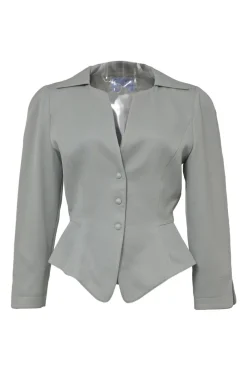 Grey wool two-piece skirt suit featuring spread collar sculpted jacket and slit-front pencil skirt