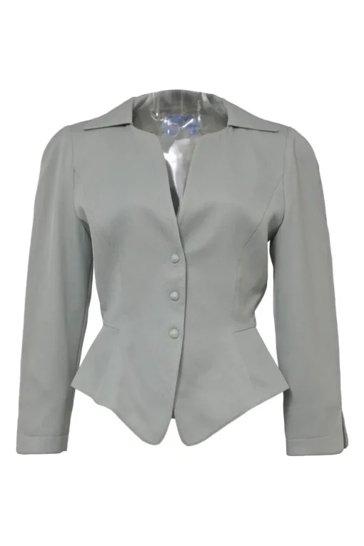 Grey wool two-piece skirt suit featuring spread collar sculpted jacket and slit-front pencil skirt