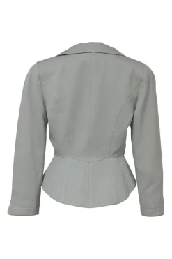 Grey wool two-piece skirt suit featuring spread collar sculpted jacket and slit-front pencil skirt