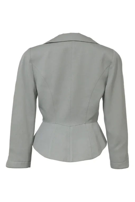 Grey wool two-piece skirt suit featuring spread collar sculpted jacket and slit-front pencil skirt