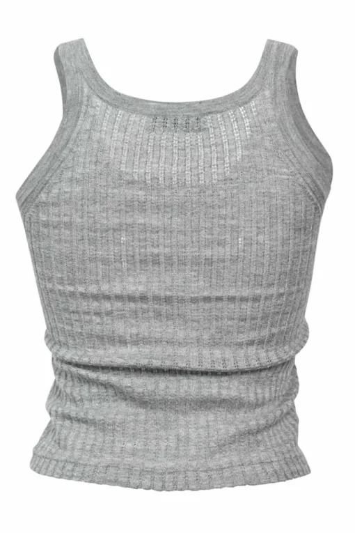 Heather grey cashmere-silk blend pointelle rib knit racerback tank top