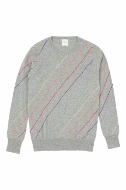 Heather grey striped cashmere crewneck pullover sweater with ribbed collar, cuffs, and hem