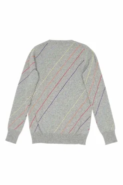 Heather grey striped cashmere crewneck pullover sweater with ribbed collar, cuffs, and hem
