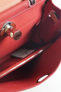 Herbag Zip 31 backpack in burgundy leather top flap and red canvas