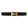 Hermes gold tone H buckle with belt in black leather and brown on reverse