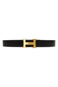 Hermes gold tone H buckle with belt in black leather and brown on reverse