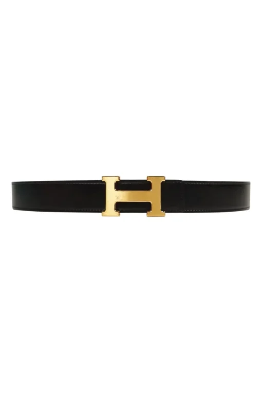 Hermes gold tone H buckle with belt in black leather and brown on reverse