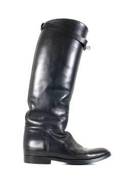 Hermes knee high riding boot in black leather with strap and Hermes twist lock
