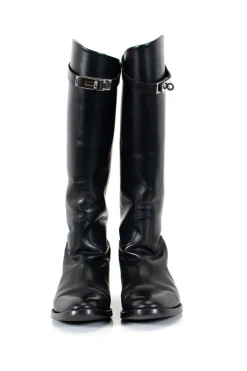 Hermes knee high riding boot in black leather with strap and Hermes twist lock