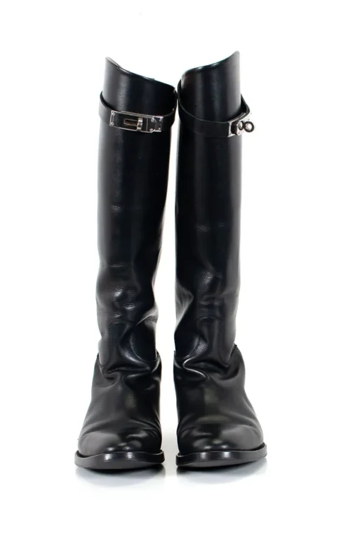 Hermes knee high riding boot in black leather with strap and Hermes twist lock