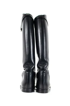 Hermes knee high riding boot in black leather with strap and Hermes twist lock