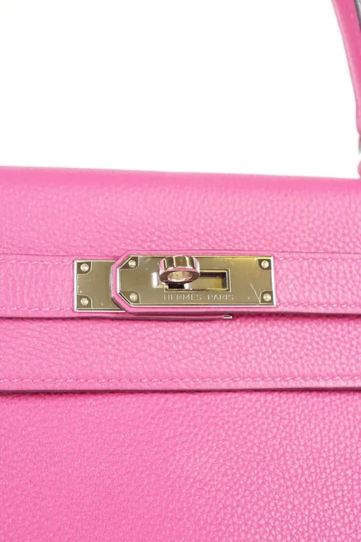 Hermes rose purple Sac Kelly Retourne 28 Togo leather bag with palladium hardware