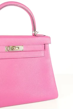 Hermes rose purple Sac Kelly Retourne 28 Togo leather bag with palladium hardware