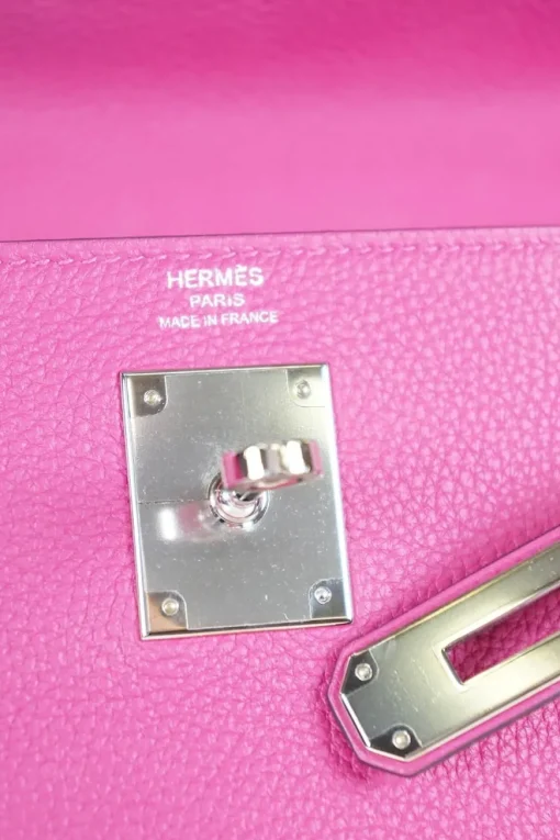 Hermes rose purple Sac Kelly Retourne 28 Togo leather bag with palladium hardware