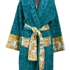 Home collection turquoise cotton terry cloth I Love Baroque bathrobe featuring tonal logo print and signature trim