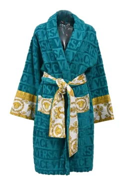 Home collection turquoise cotton terry cloth I Love Baroque bathrobe featuring tonal logo print and signature trim