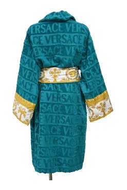 Home collection turquoise cotton terry cloth I Love Baroque bathrobe featuring tonal logo print and signature trim