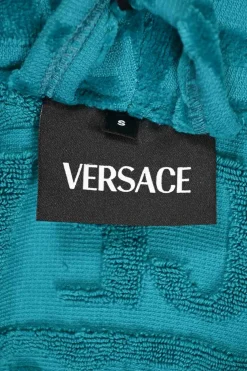 Home collection turquoise cotton terry cloth I Love Baroque bathrobe featuring tonal logo print and signature trim