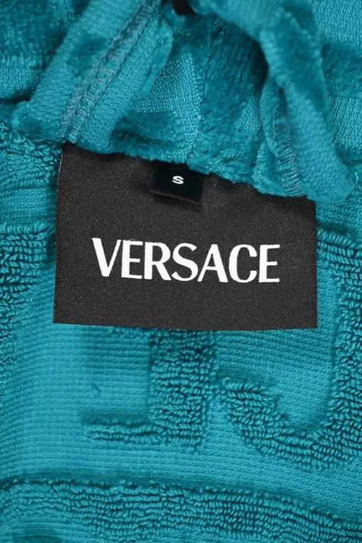 Home collection turquoise cotton terry cloth I Love Baroque bathrobe featuring tonal logo print and signature trim