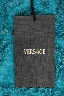 Home collection turquoise cotton terry cloth I Love Baroque bathrobe featuring tonal logo print and signature trim