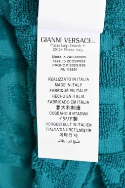 Home collection turquoise cotton terry cloth I Love Baroque bathrobe featuring tonal logo print and signature trim