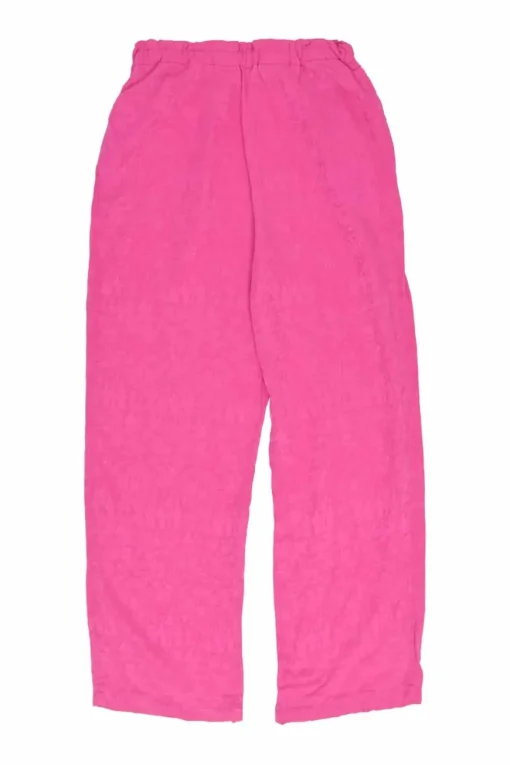 Hot pink silk floral jacquard lounge spread notch collar piped shirt and cropped leg trouser set