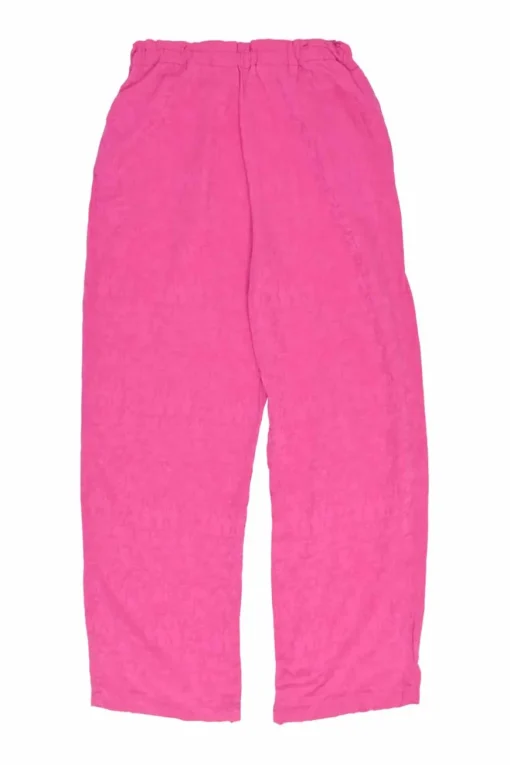 Hot pink silk floral jacquard lounge spread notch collar piped shirt and cropped leg trouser set