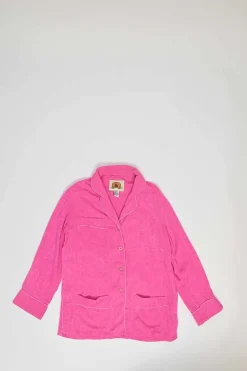 Hot pink silk floral jacquard lounge spread notch collar piped shirt and cropped leg trouser set
