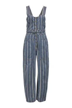 Indigo blue striped cotton denim bustier style Jonah belted jumpsuit