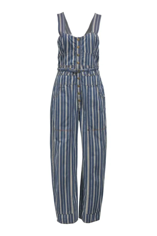 Indigo blue striped cotton denim bustier style Jonah belted jumpsuit