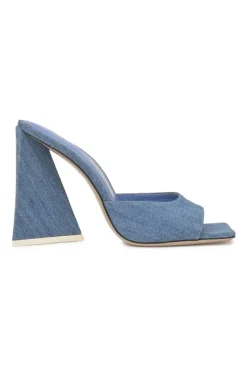 Indigo cotton denim and leather Devon mules with square toe and pyramid heels