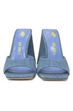 Indigo cotton denim and leather Devon mules with square toe and pyramid heels