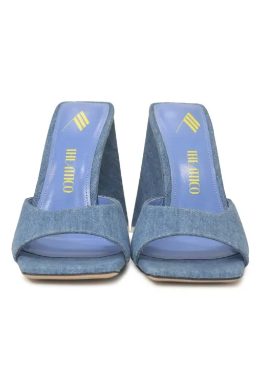 Indigo cotton denim and leather Devon mules with square toe and pyramid heels