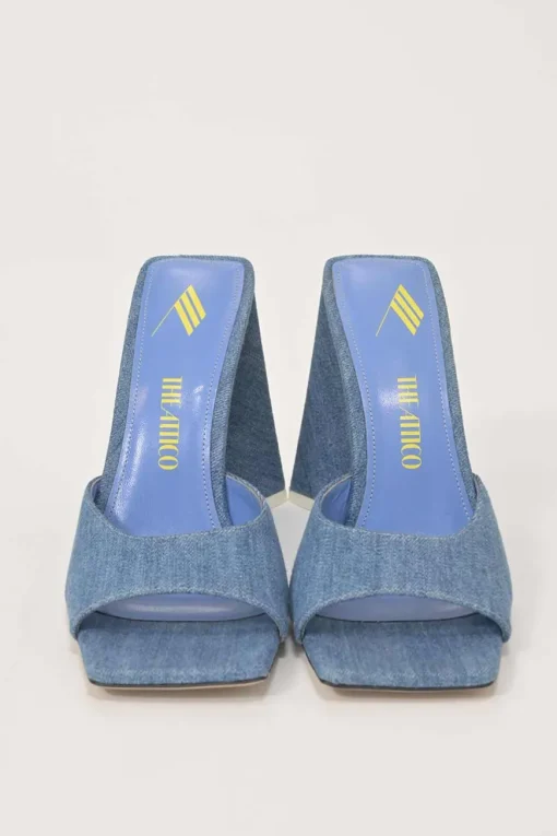 Indigo cotton denim and leather Devon mules with square toe and pyramid heels