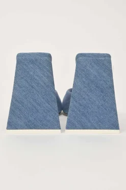 Indigo cotton denim and leather Devon mules with square toe and pyramid heels