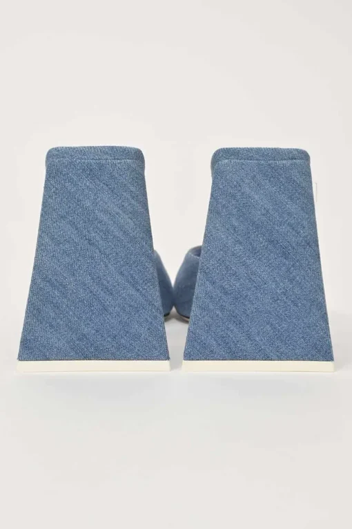 Indigo cotton denim and leather Devon mules with square toe and pyramid heels