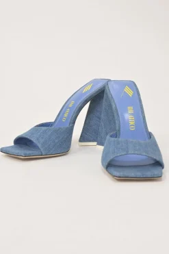 Indigo cotton denim and leather Devon mules with square toe and pyramid heels