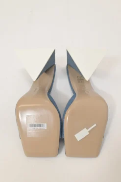 Indigo cotton denim and leather Devon mules with square toe and pyramid heels