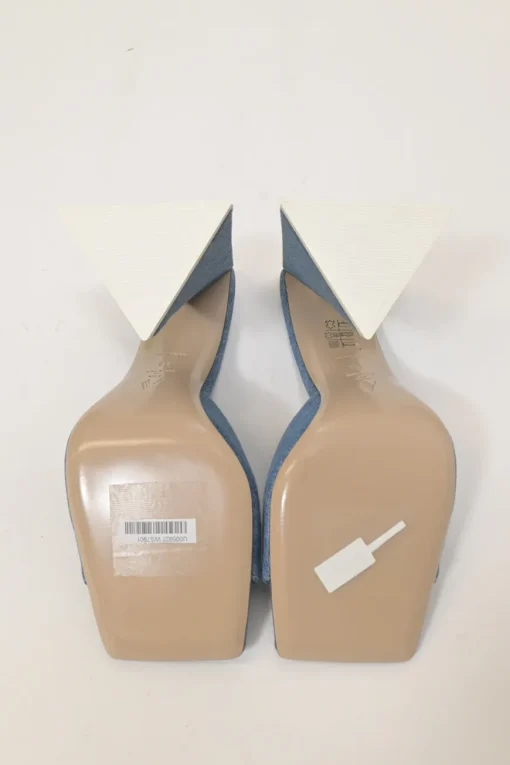 Indigo cotton denim and leather Devon mules with square toe and pyramid heels